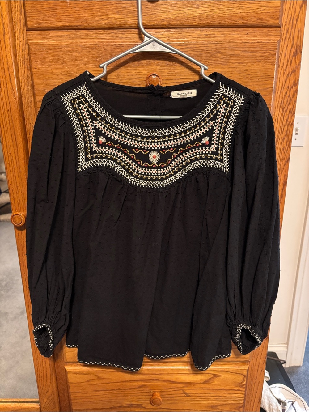 Max Studio Black Embroidered Yoke Blouse